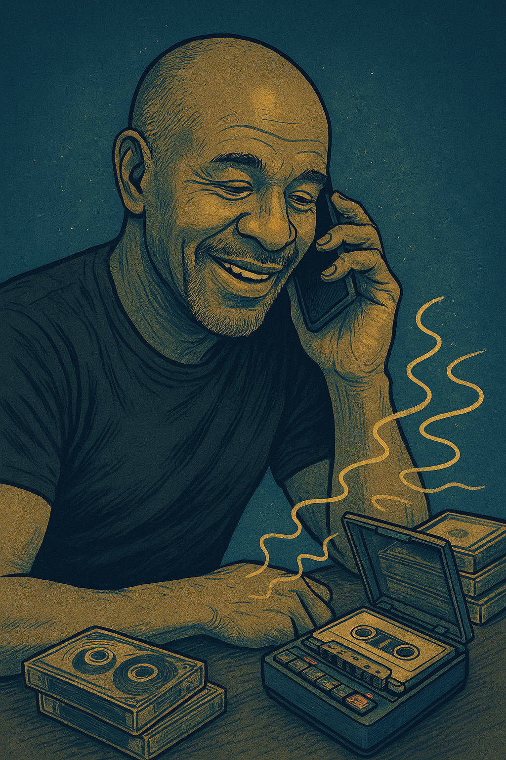Ronnie reflecting with vintage cassette tapes - the smile of wisdom