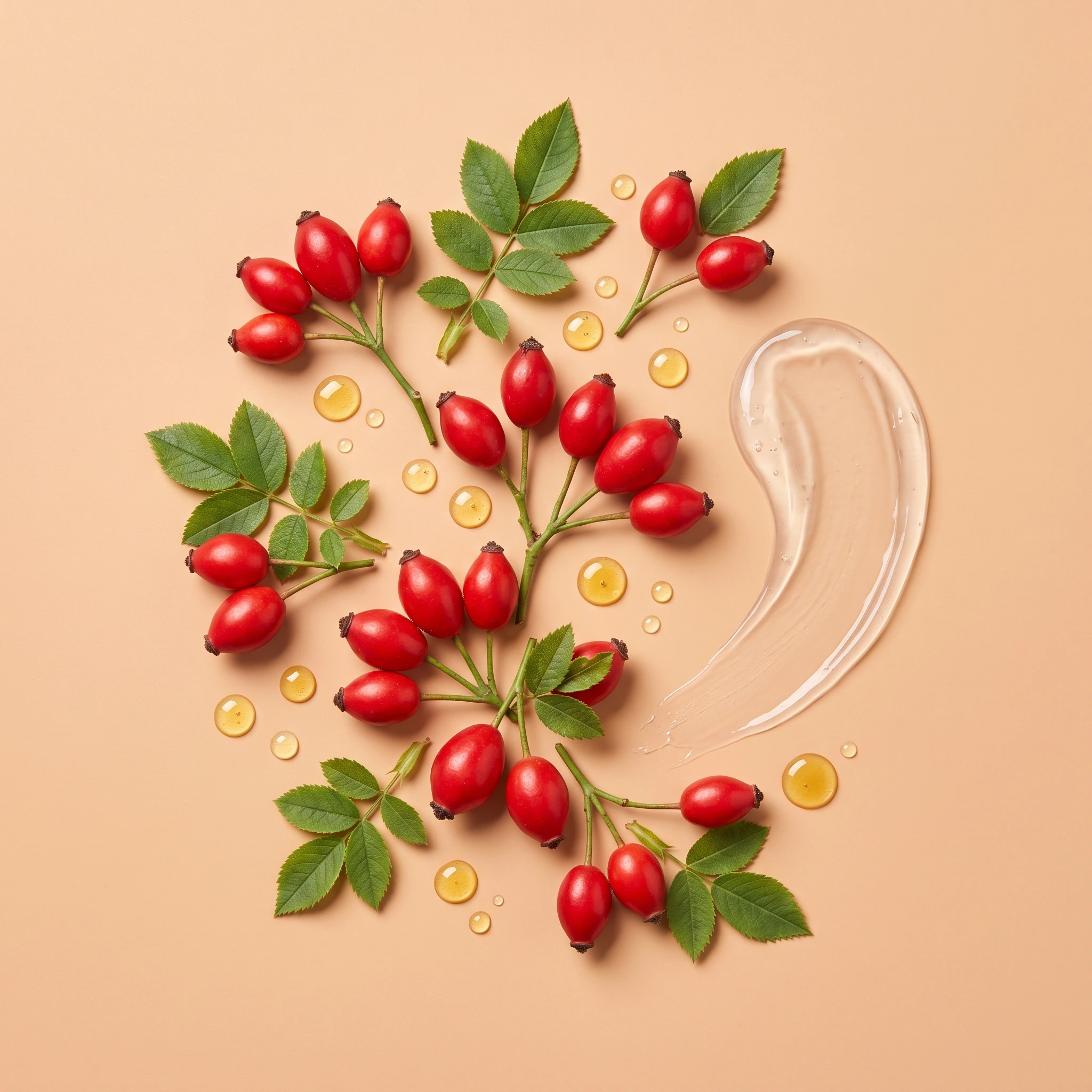 Fresh rosehip berries on branches with green leaves and golden oil drops on a peach background