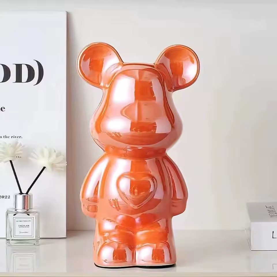 Orange reflective bear ceramic decor sculpture