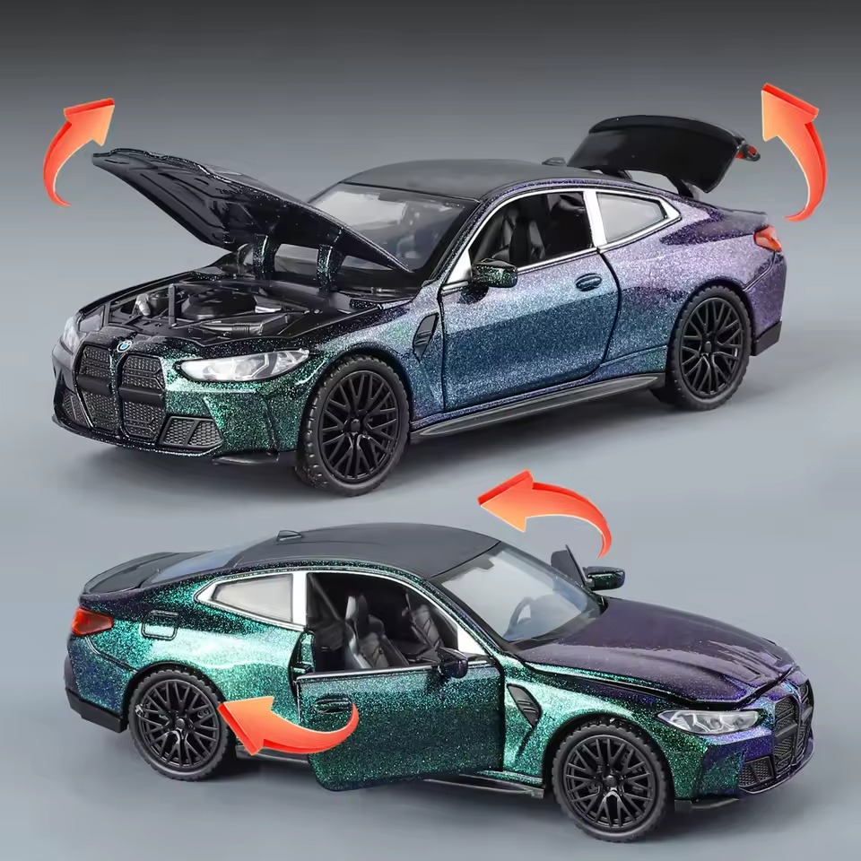 BMW M4 die-cast model with doors, hood, and trunk open