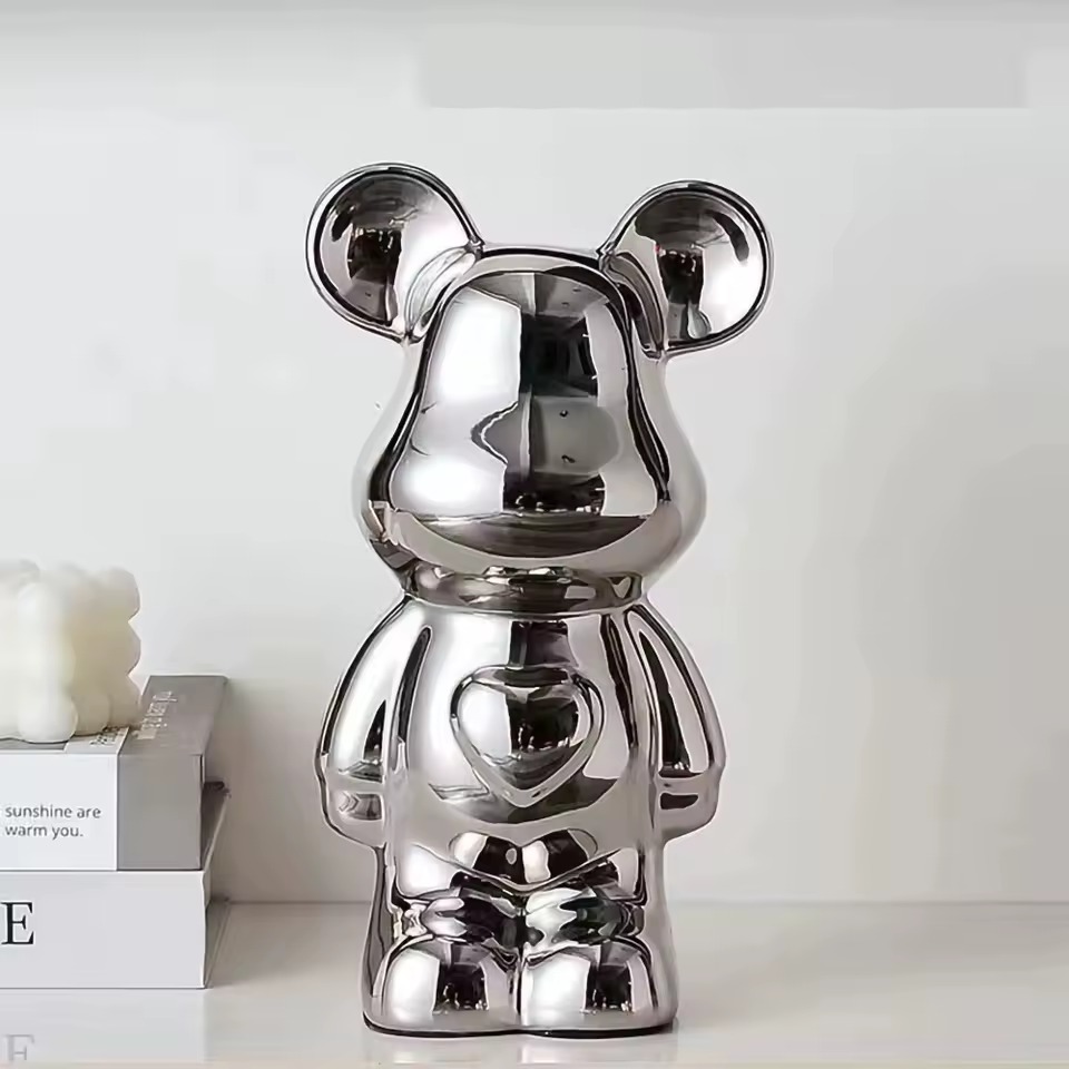 Silver reflective bear ceramic decor sculpture