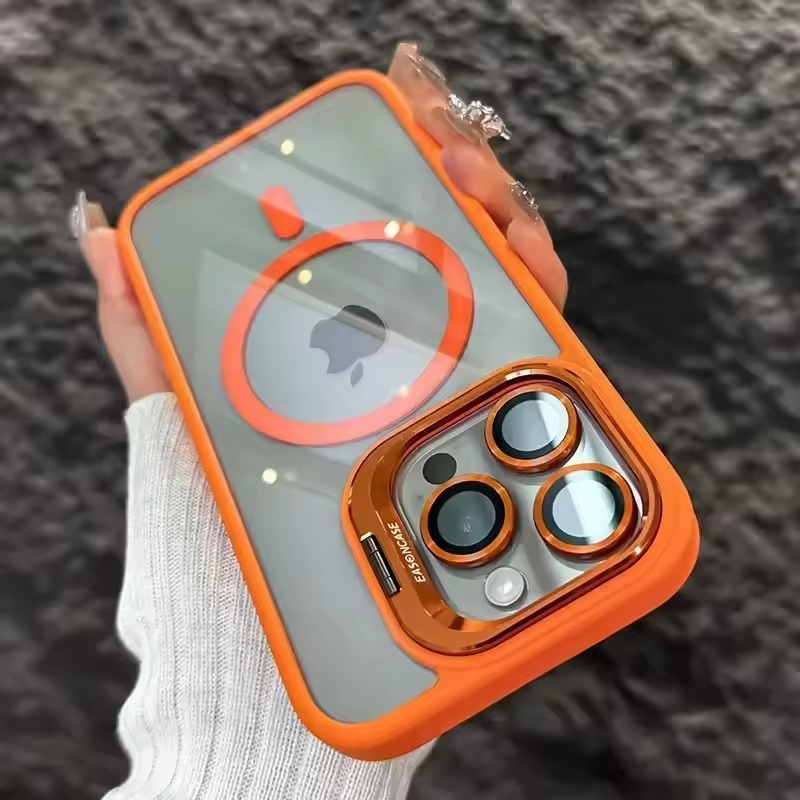 Orange MagSafe shockproof iPhone case with camera protection and magnetic ring