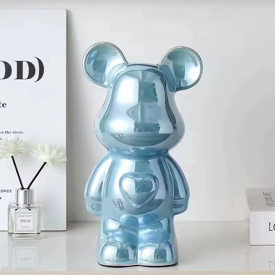 Blue reflective bear ceramic decor sculpture