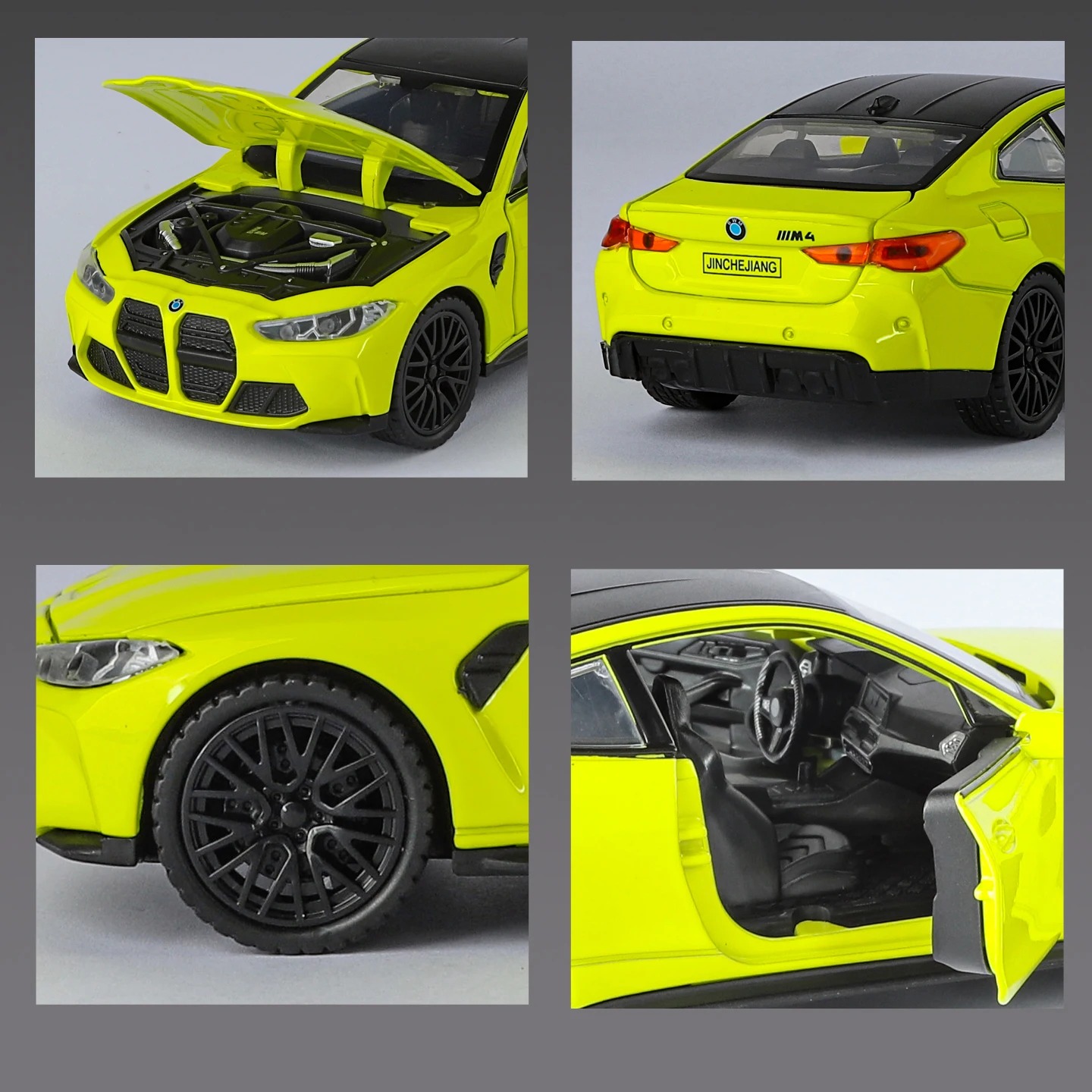 BMW M4 die-cast model detail collage with engine, interior, and wheels