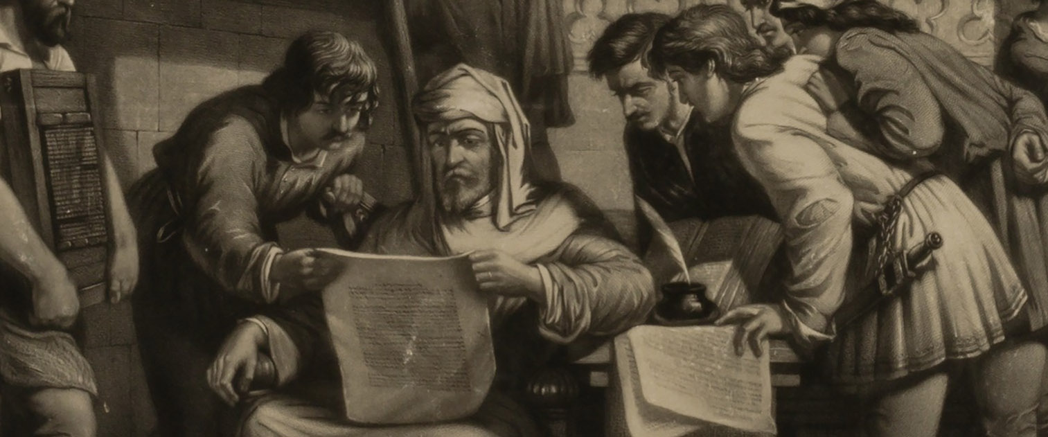 Figures gathered around handwritten documents in an archival print