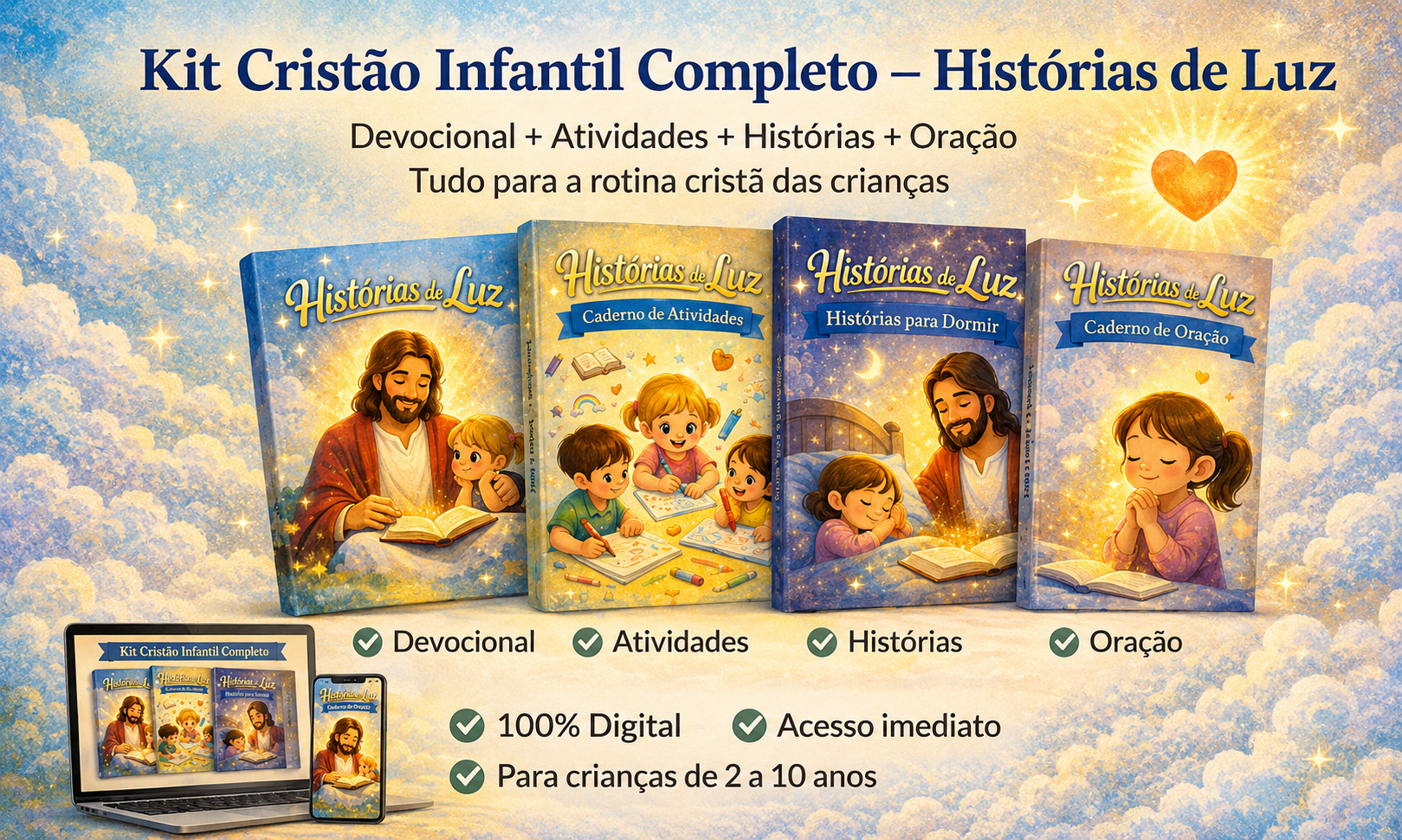 Kit Cristão Infantil Completo - Histórias de Luz com 4 livros: Devocional, Atividades, Histórias e Oração