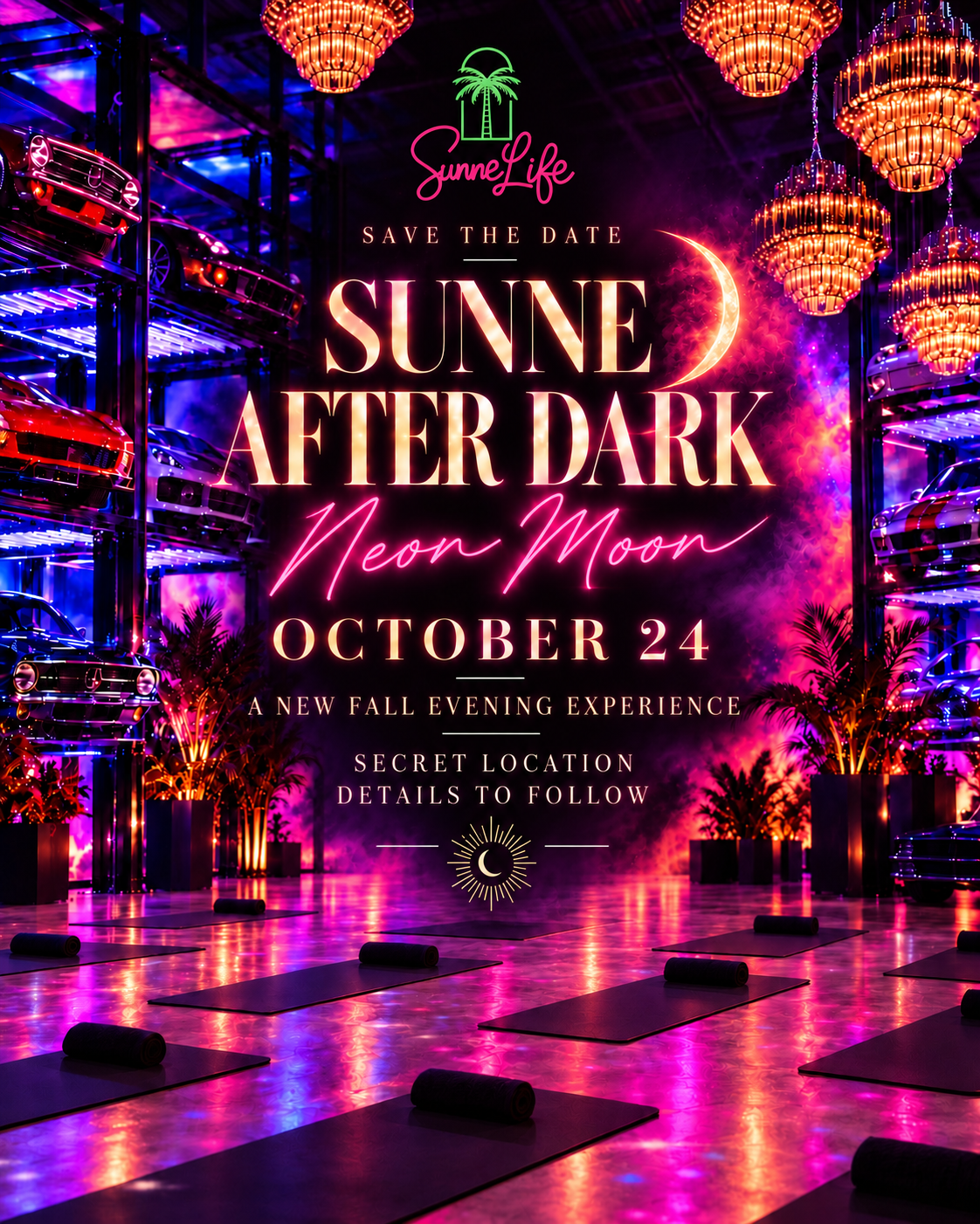 Sunne After Dark: Neon Moon save-the-date flyer, October 24. A new fall evening experience at a secret location, with details to follow.
