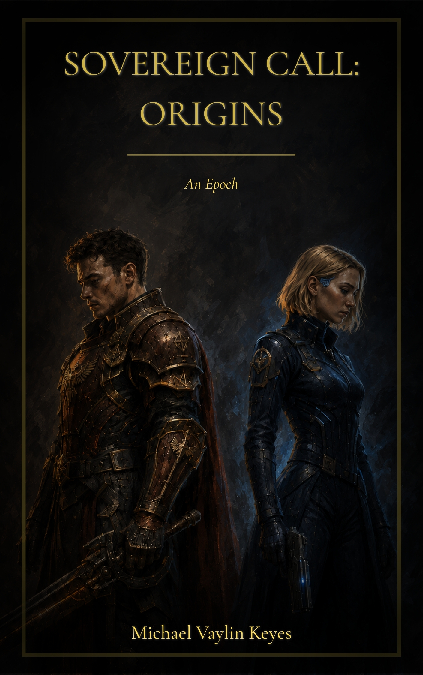 Sovereign Call: Origins — An Epoch, by Michael Vaylin Keyes. Black-and-gold cover featuring two armored figures standing back to back.