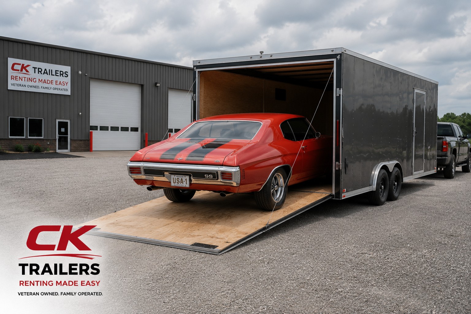 Red classic Chevrolet SS muscle car being loaded into a gray CK Trailers enclosed rental trailer in front of the CK Trailers facility — Veteran Owned, Family Operated