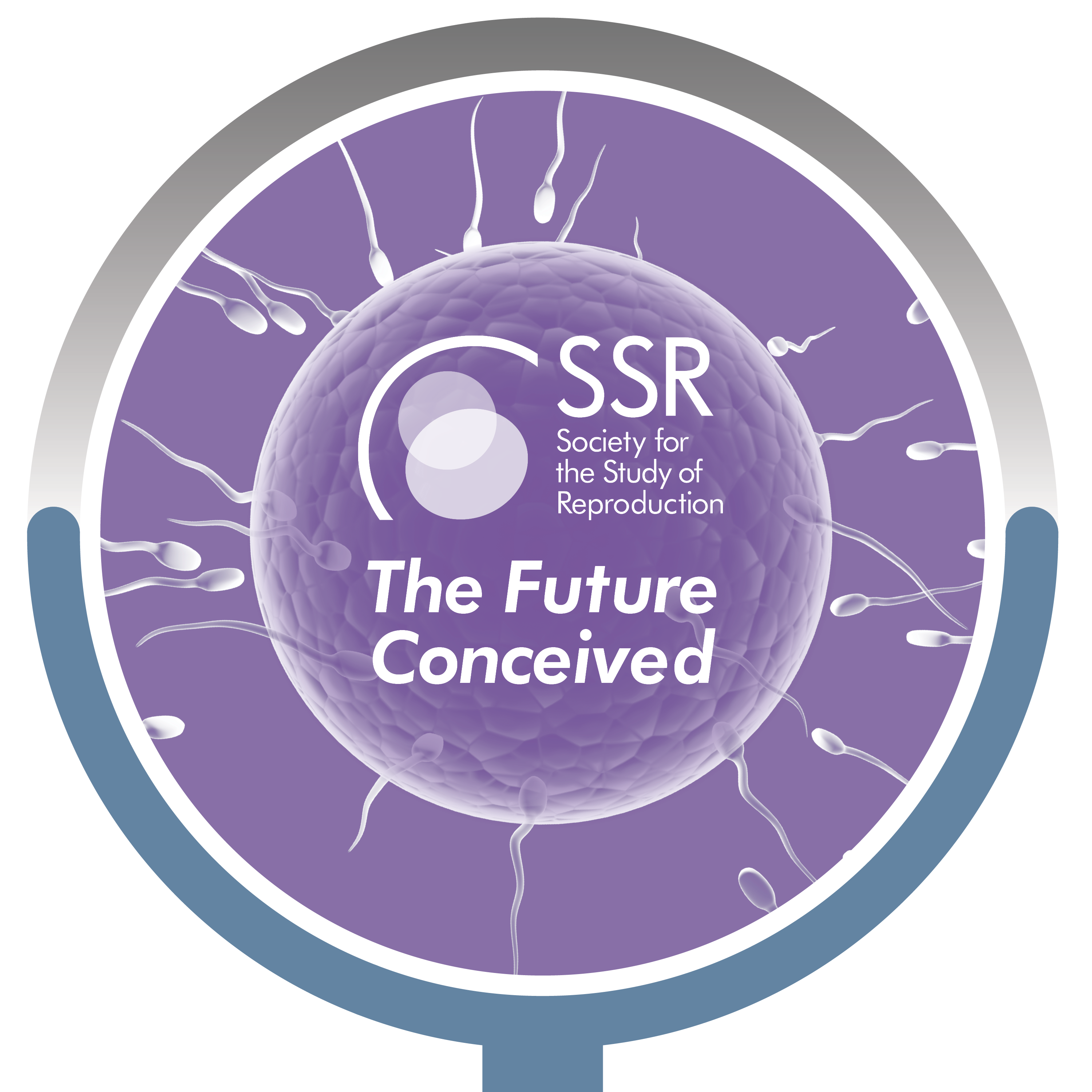 Society for the Study of Reproduction podcast graphic with an egg and sperm cells