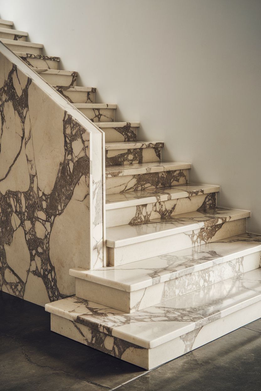 Escalier elegant en marbre Calacatta Viola avec veines bronze sur fond creme et main courante assortie