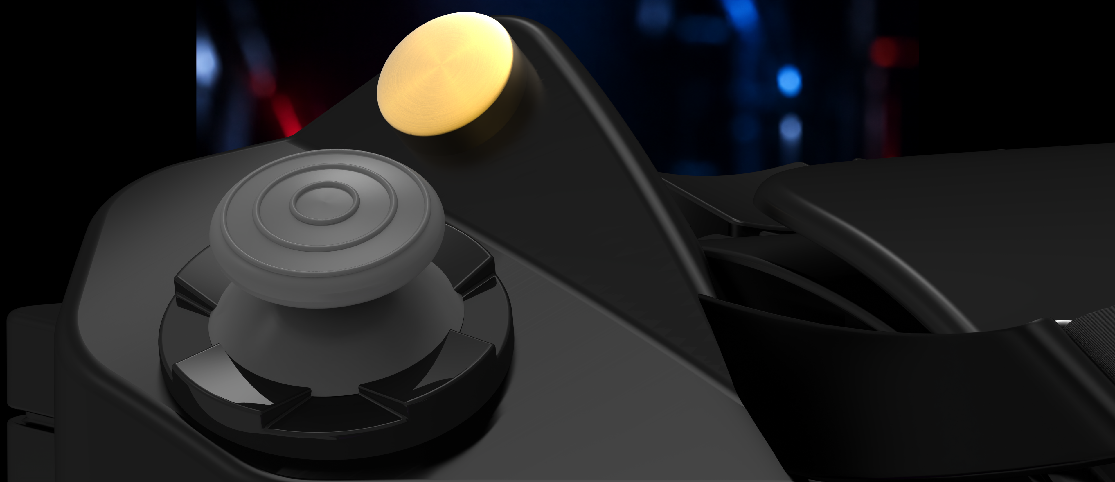 ERCHAM MK1 - Angled close-up of analog stick and gold accent button