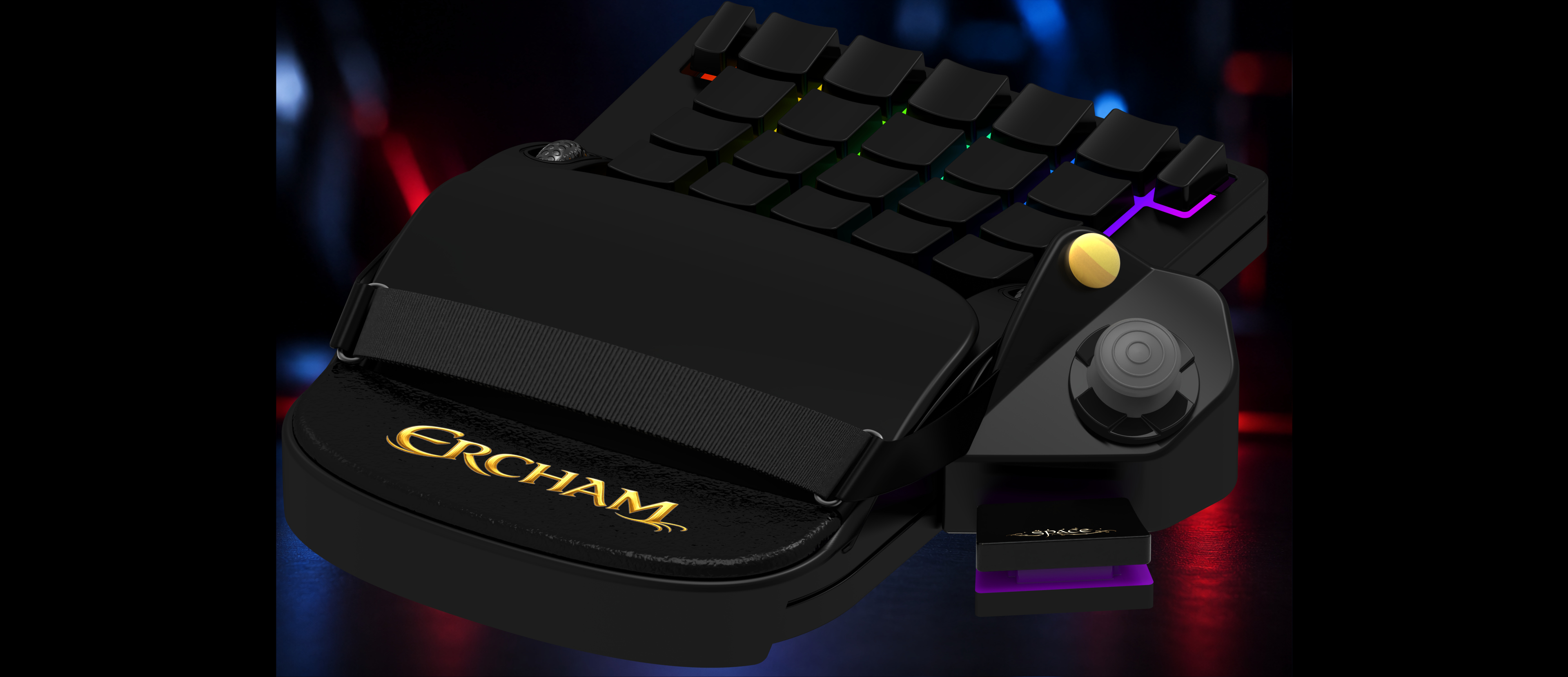 ERCHAM MK1 - Left-handed view with RGB keys, joystick, and gold logo
