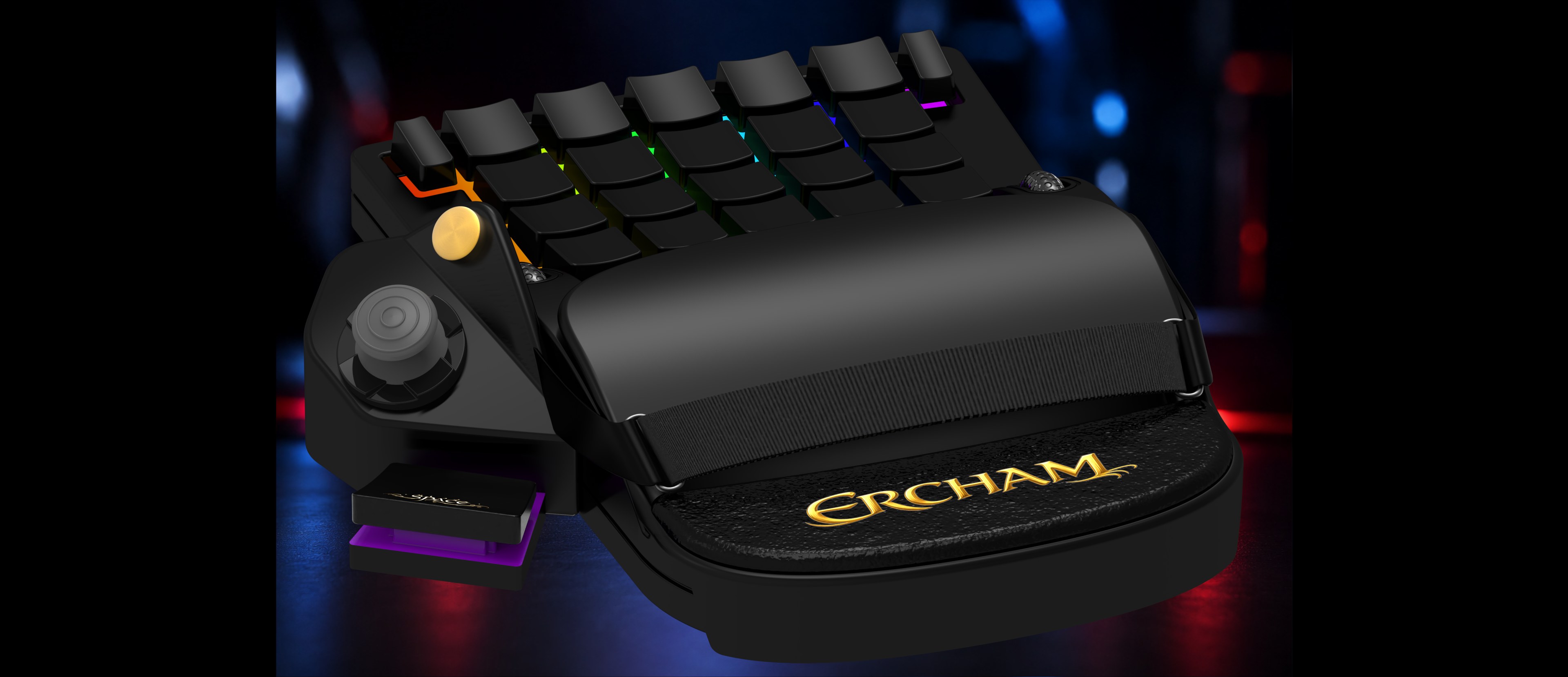 ERCHAM MK1 - Right-handed view with RGB keys, joystick, and gold ERCHAM logo