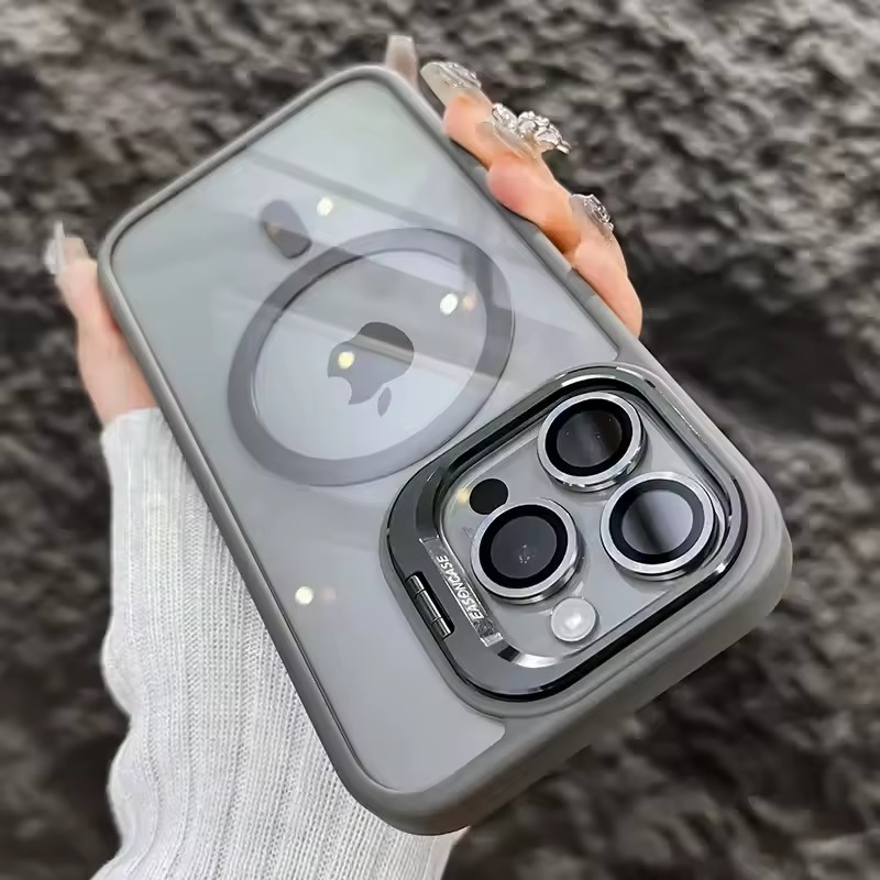Gray MagSafe shockproof iPhone case with camera protection and magnetic ring