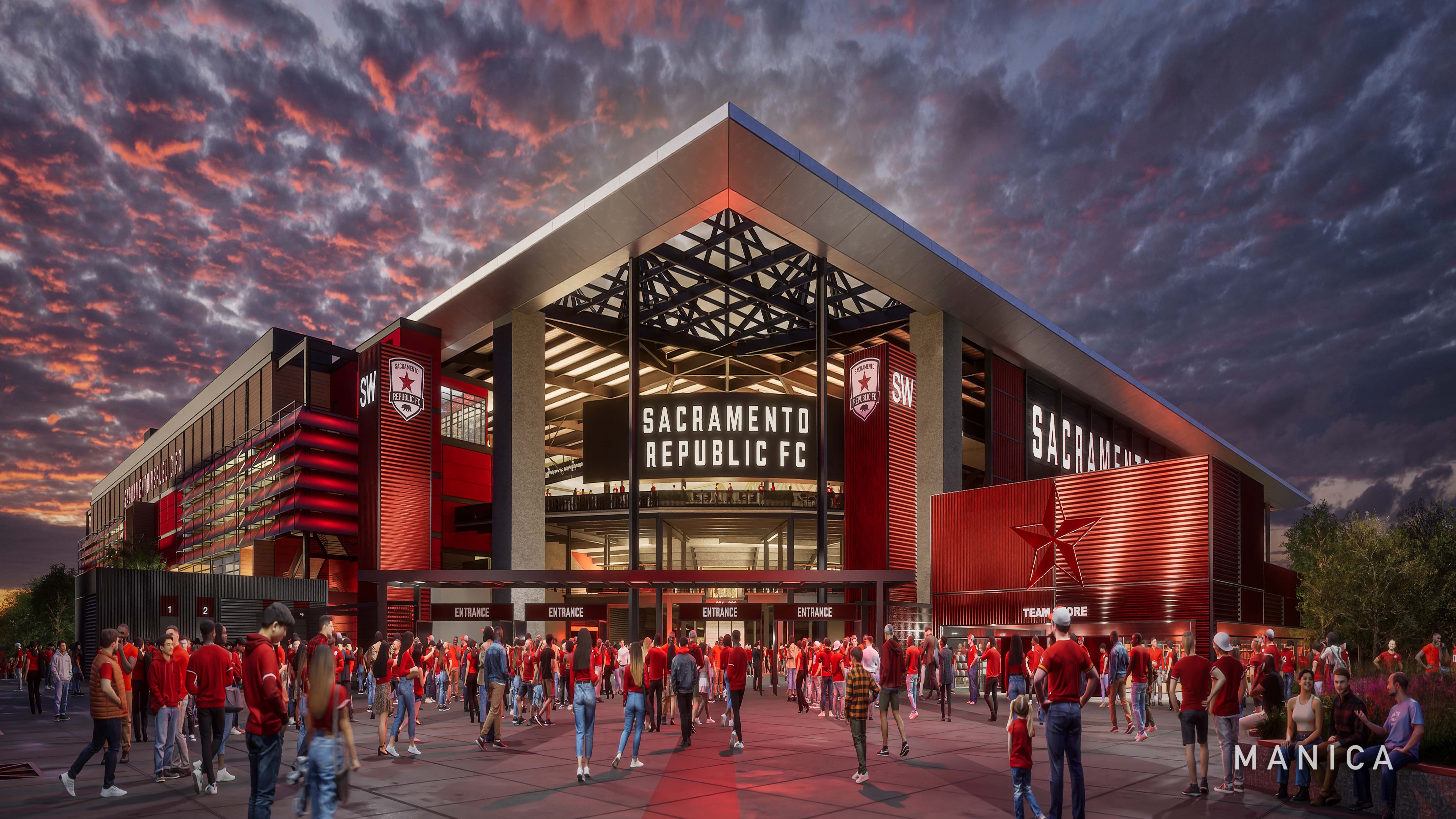 Sacramento Republic FC Stadium entrance at dusk