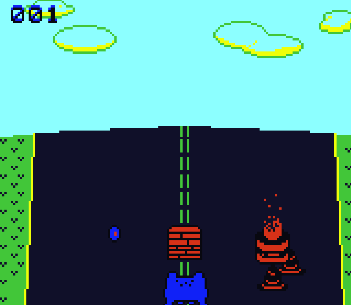 Game Boy Color beta gameplay: the blue frog running down a road toward a brick wall and a fire-and-cone obstacle