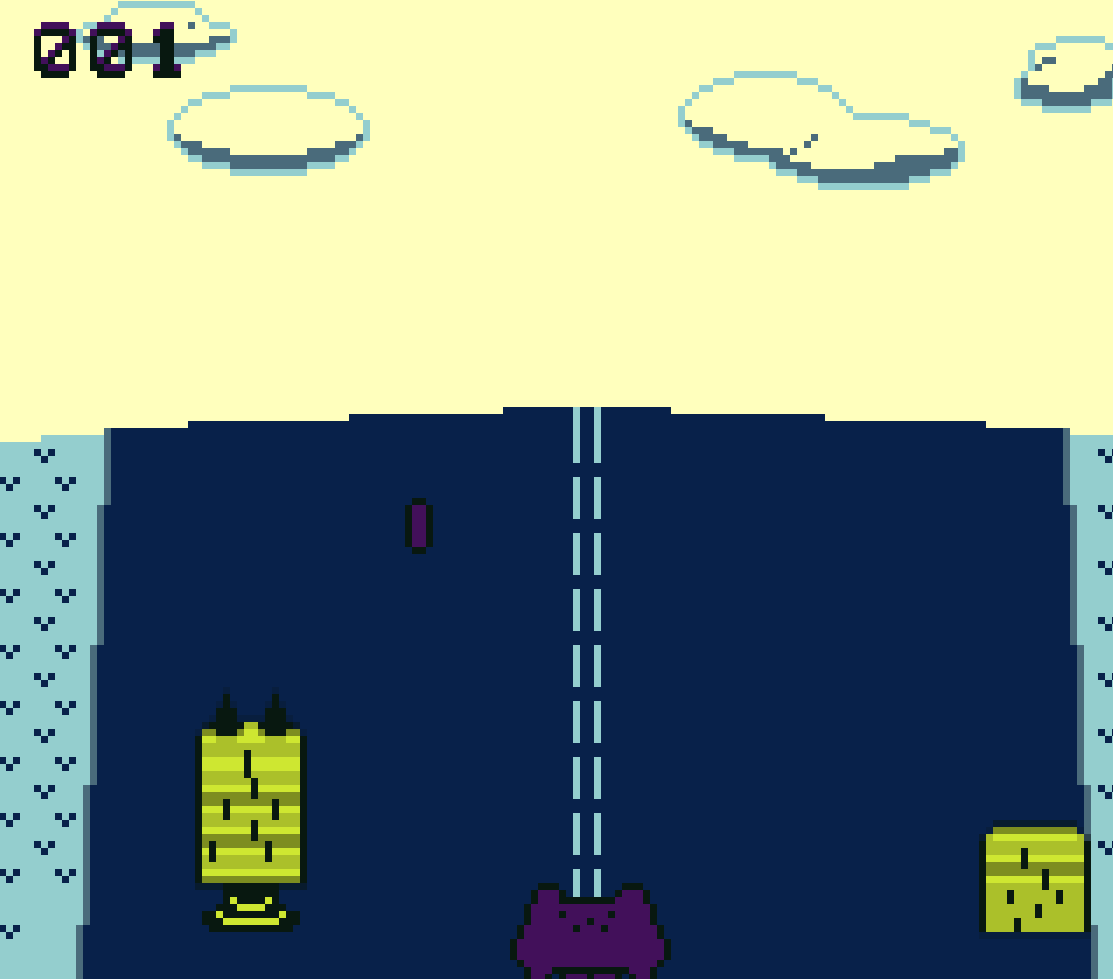 Game Boy beta gameplay showing the purple player-two frog on the road collecting a coin