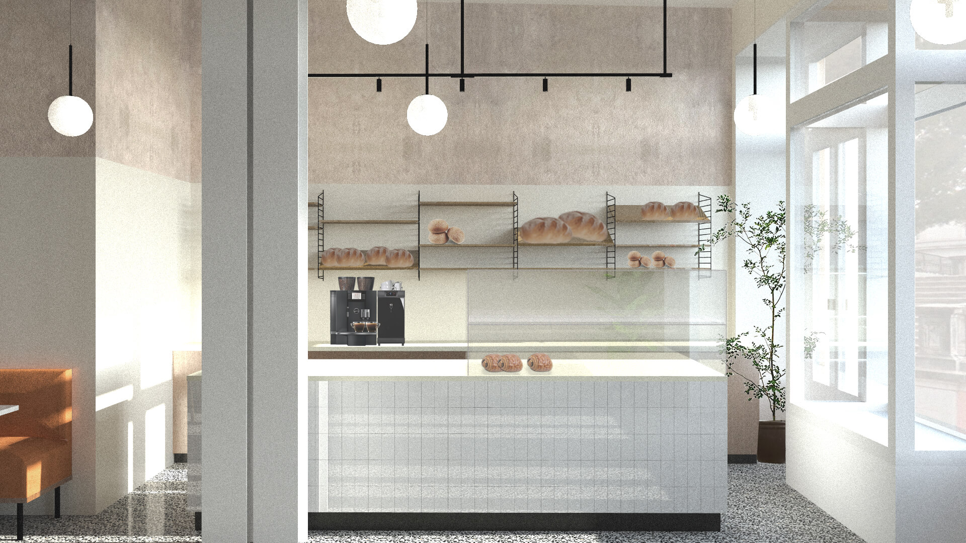 Service counter with white vertical tiles and floating shelves displaying fresh bread