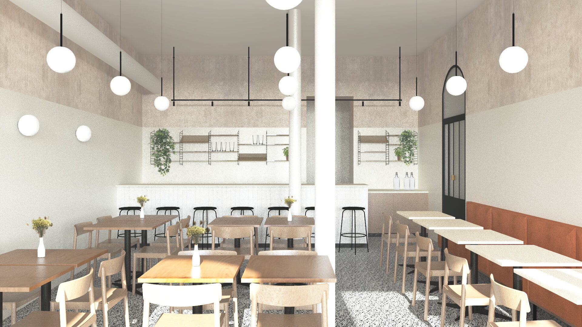 Dining area with mixed seating, modular wall shelving, and abundant natural light