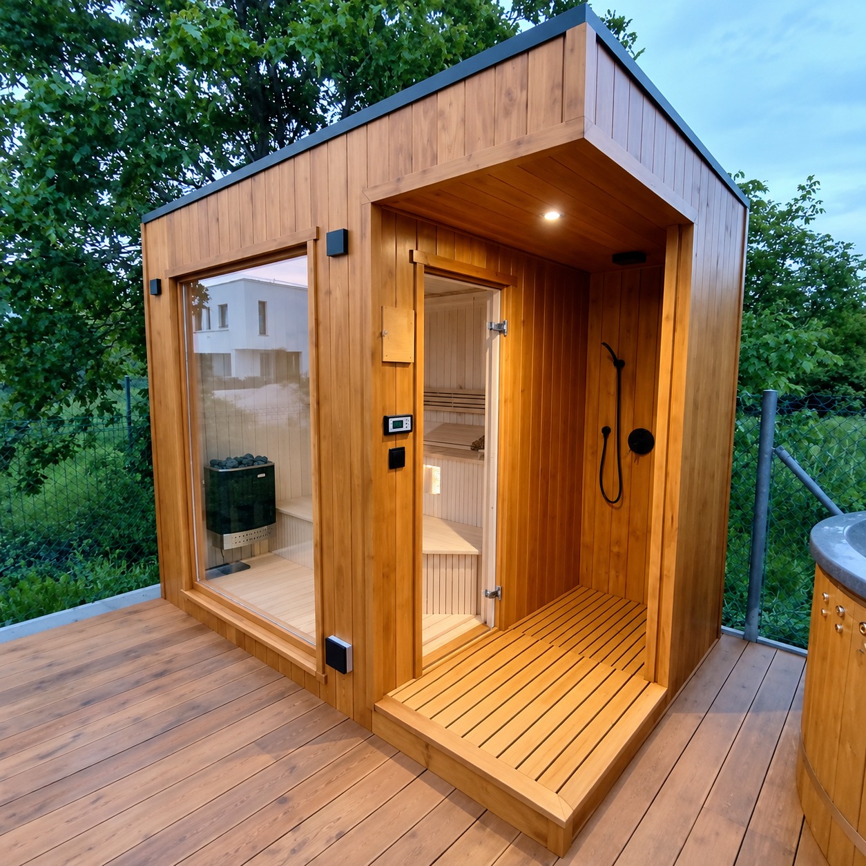 Sauna moderne en bois avec douche extérieure