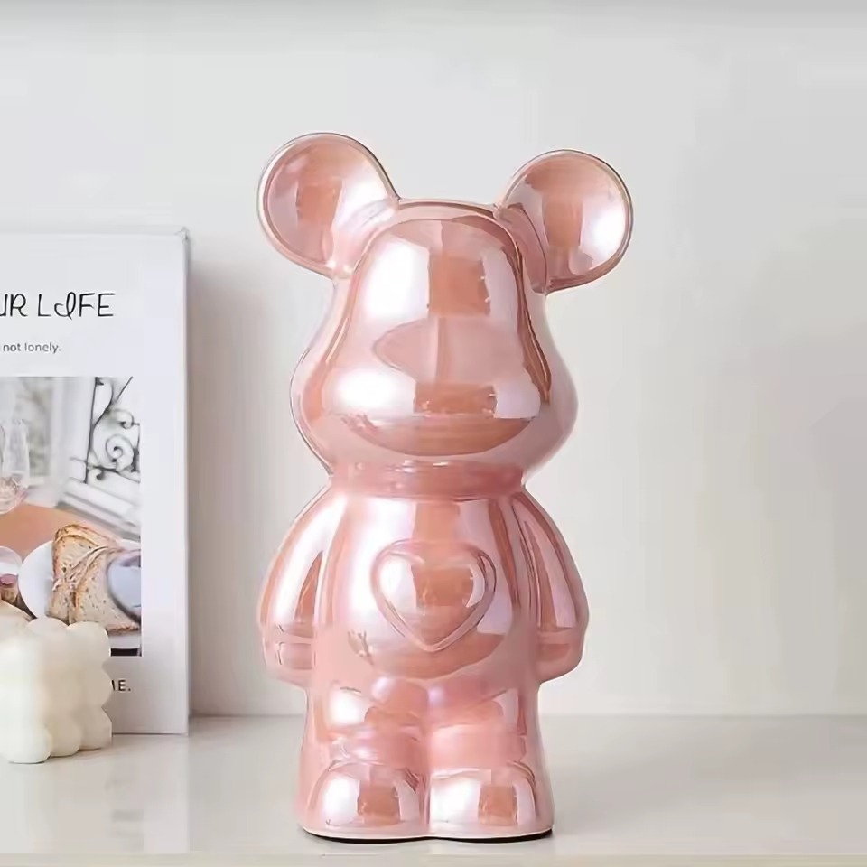 Pink reflective bear ceramic decor sculpture