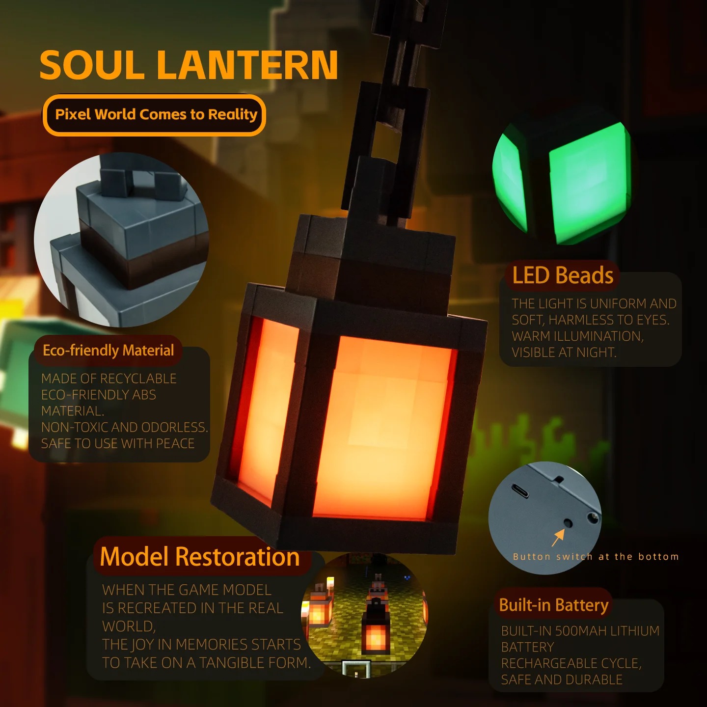 Pixel Soul Lantern eco-friendly LED and USB-C details