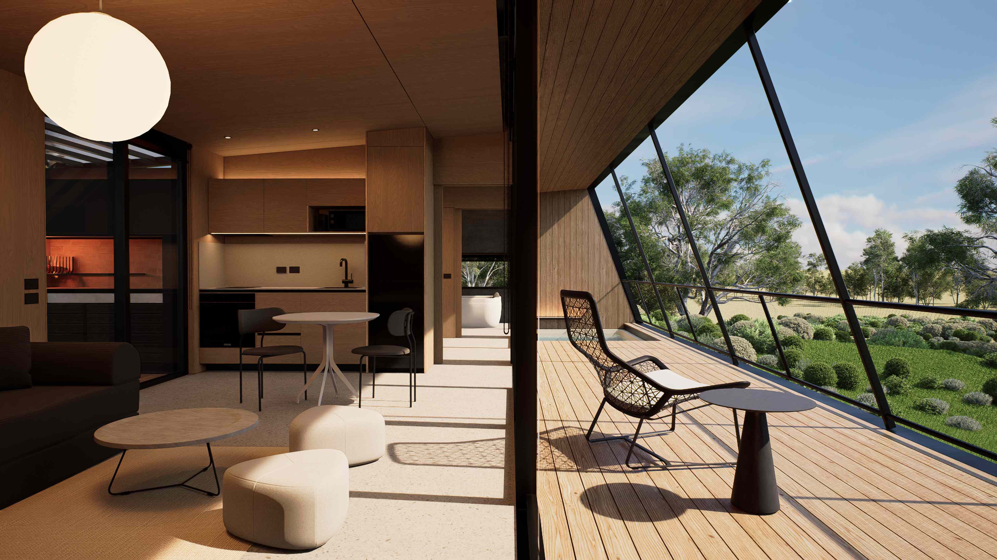 Interior de Vivienda RB con cocina y terraza