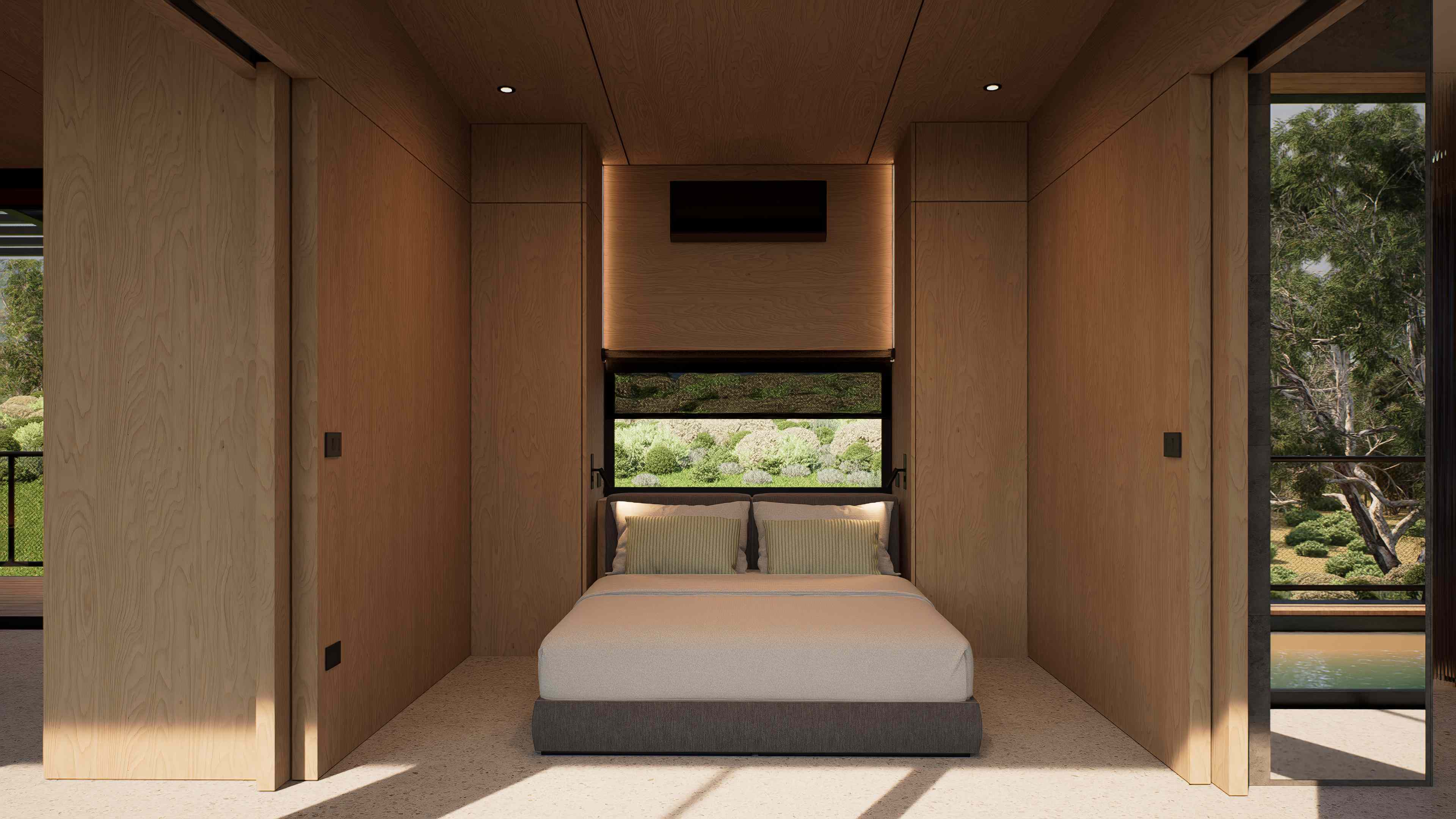 Dormitorio revestido en madera de Vivienda RB