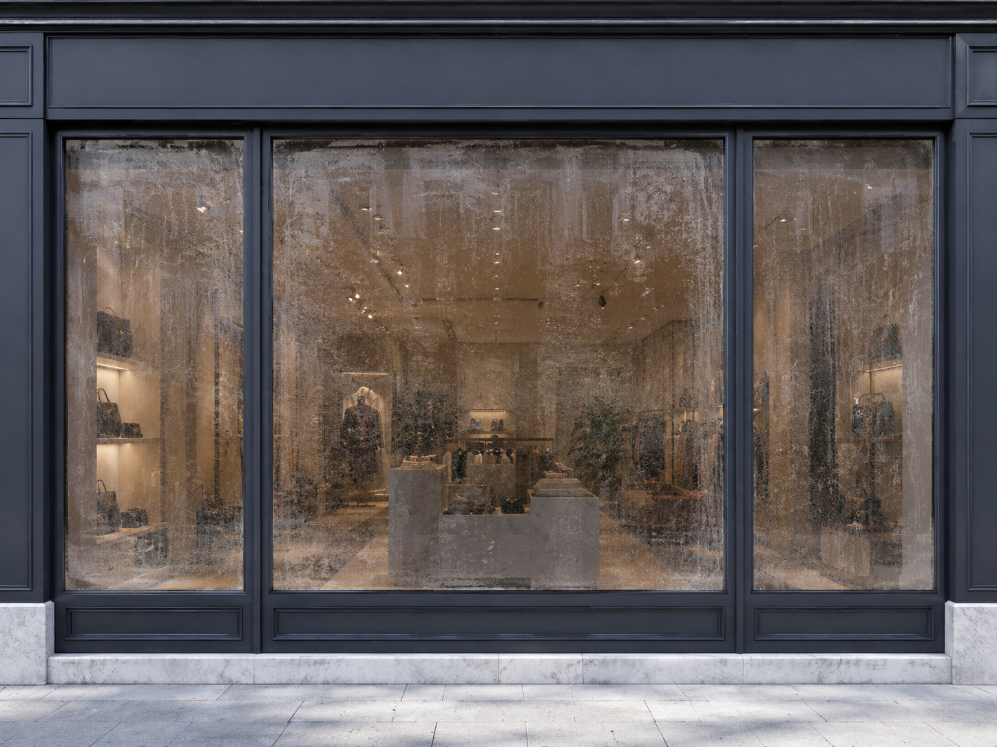 Schaufenster mit Grime und Staub, undurchsichtig