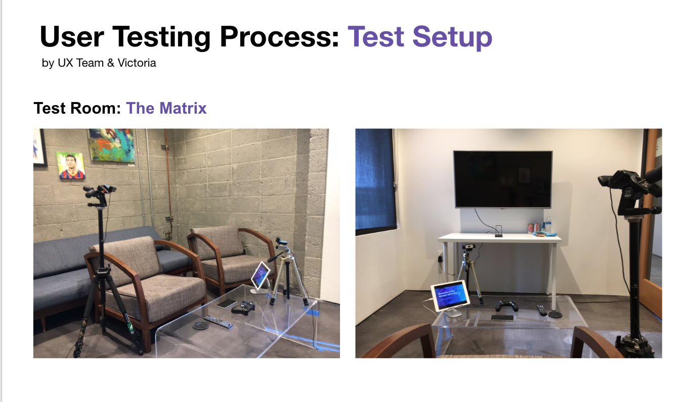 User Testing Process: Test Setup - The Matrix test room with recording equipment, chairs, TV, and testing devices