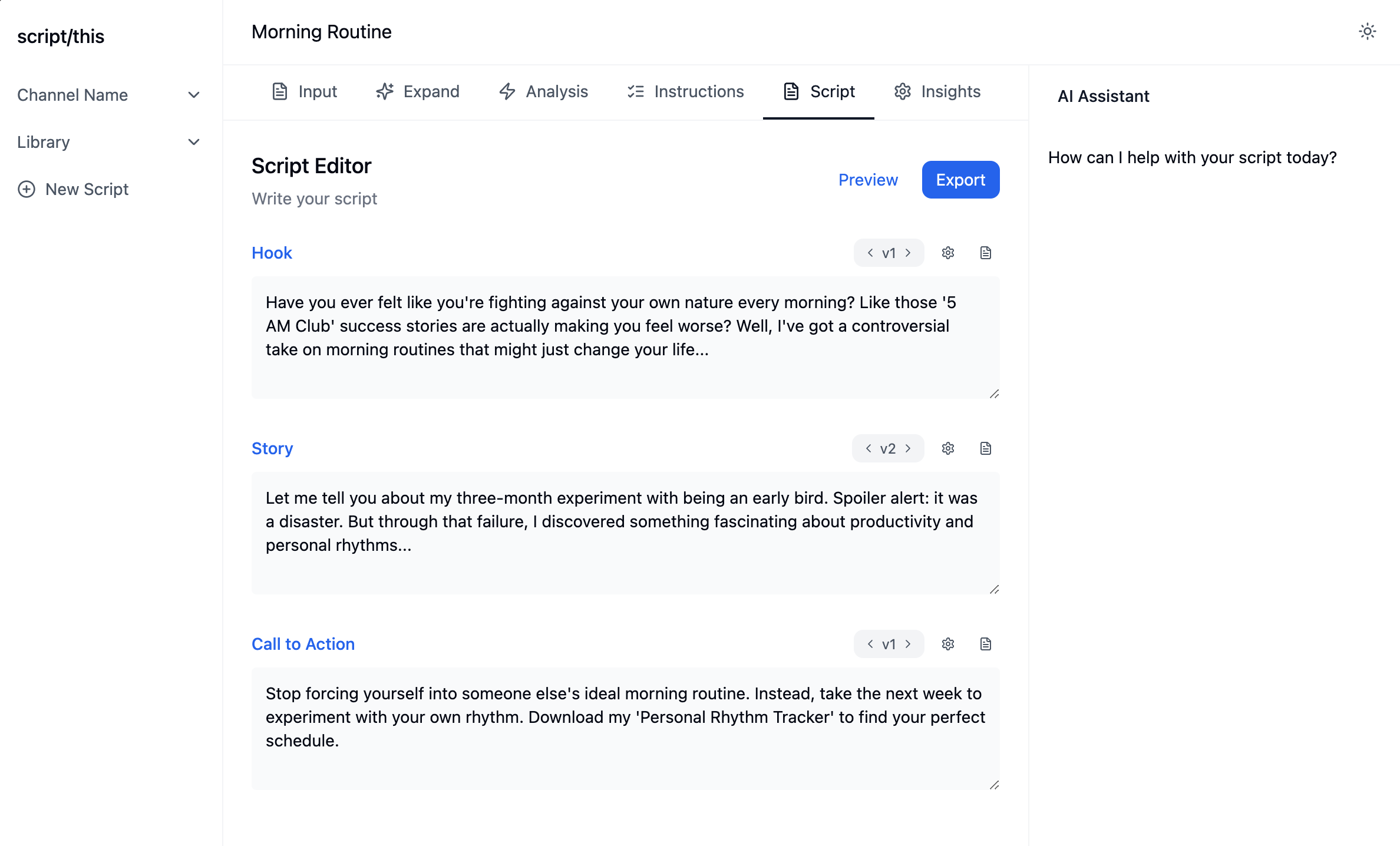 script/this interface showing the script editor with Hook, Story, and Call to Action sections