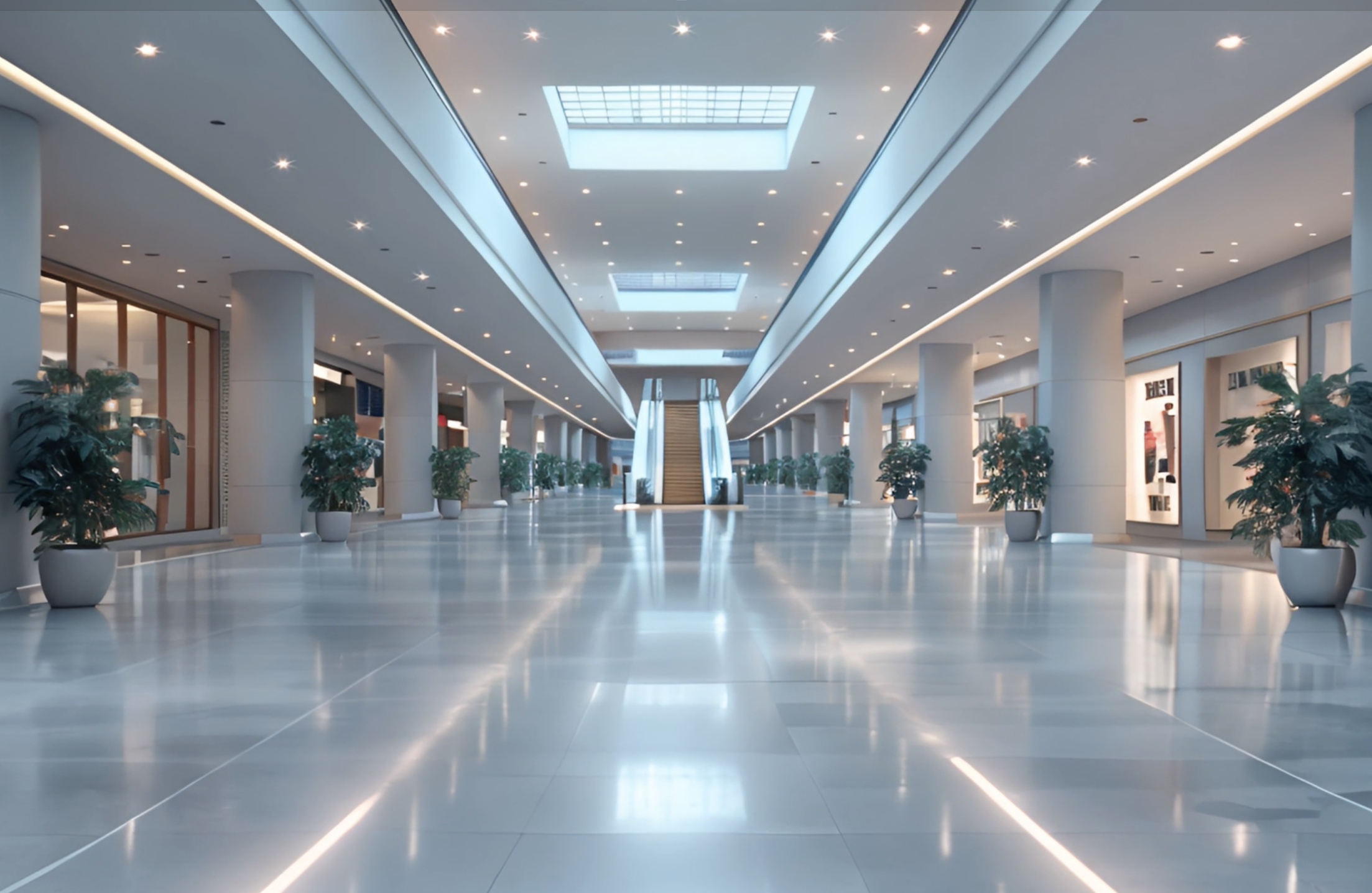 Pristine commercial interior with polished floors and elegant lighting