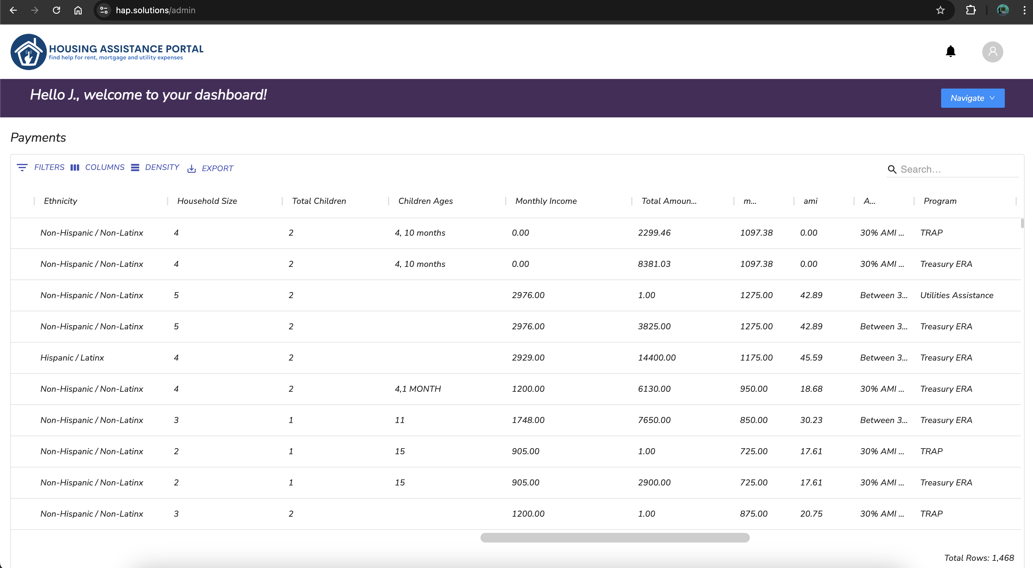 HAP Dashboard showing payment data and statistics