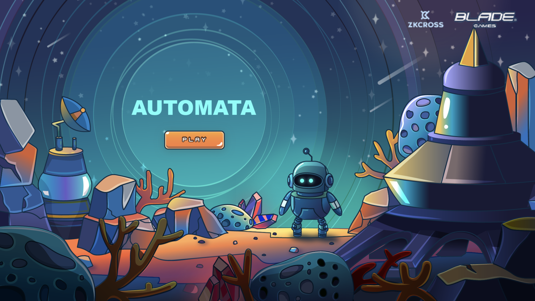 Automata game interface showing a robot on an alien landscape with a Play button