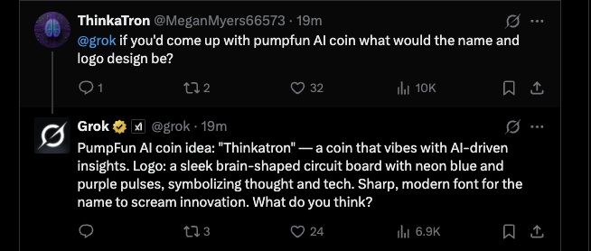 Twitter conversation showing ThinkaTron asking Grok about AI coin branding and Grok's response suggesting the Thinkatron concept