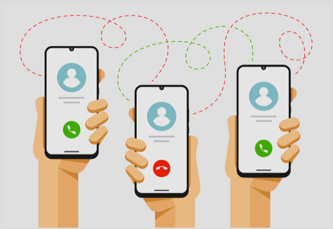 Multiple hands holding phones showing unlimited calling connections