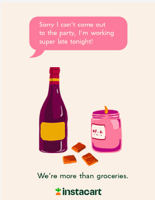Instacart ad — Working late tonight with wine, candle, and chocolates