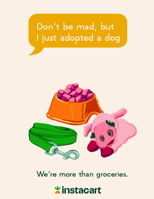 Instacart ad — Adopted a dog with dog food, toy, and leash