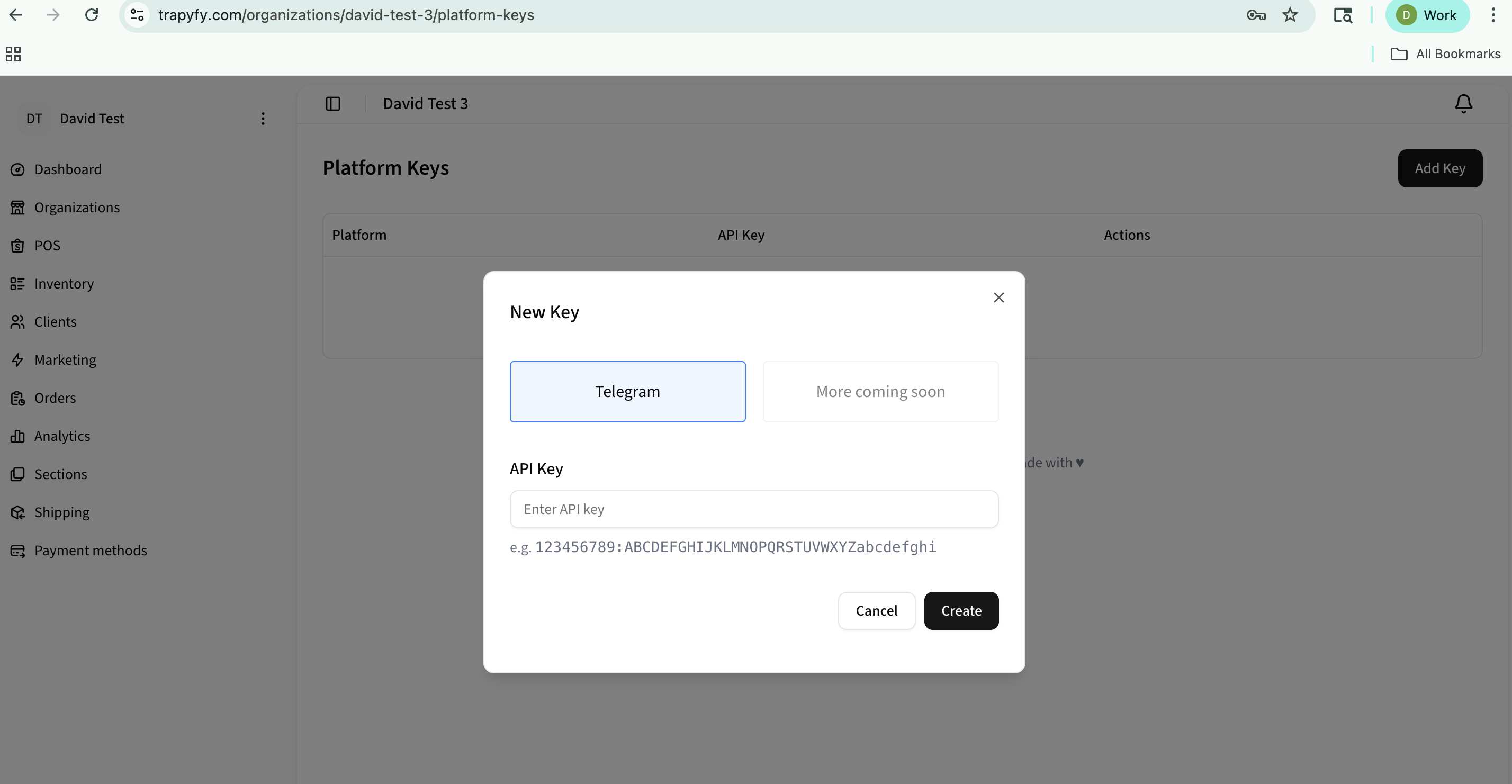 Manage Platform Keys — add Telegram bot token