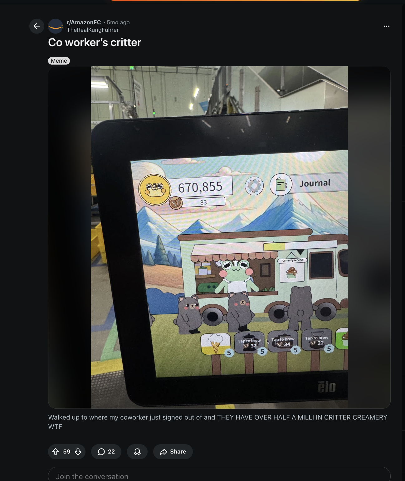 Reddit post - Co worker's critter showing 670K coins