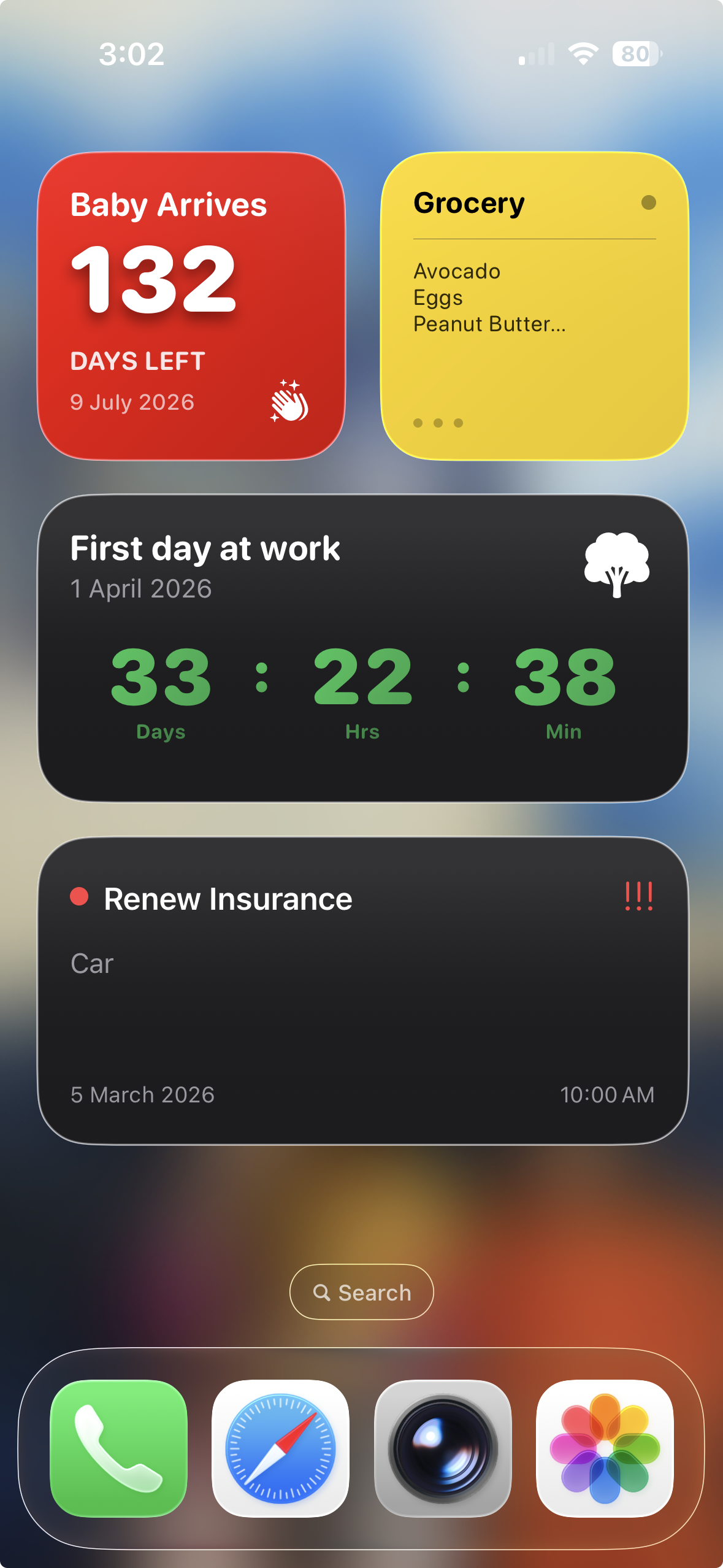 Mixed widget layout with countdown timer on iOS home screen