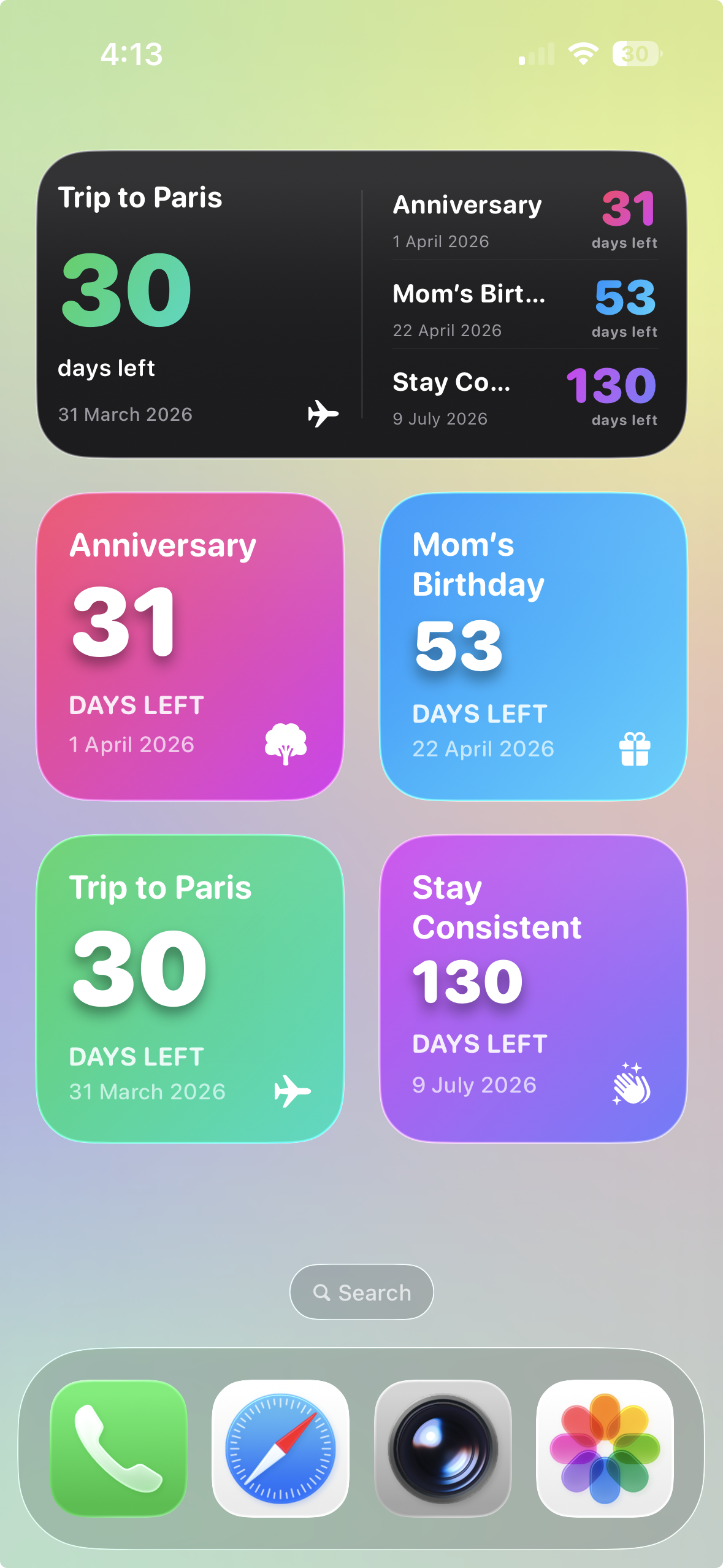 Colourful countdown widgets on iOS home screen