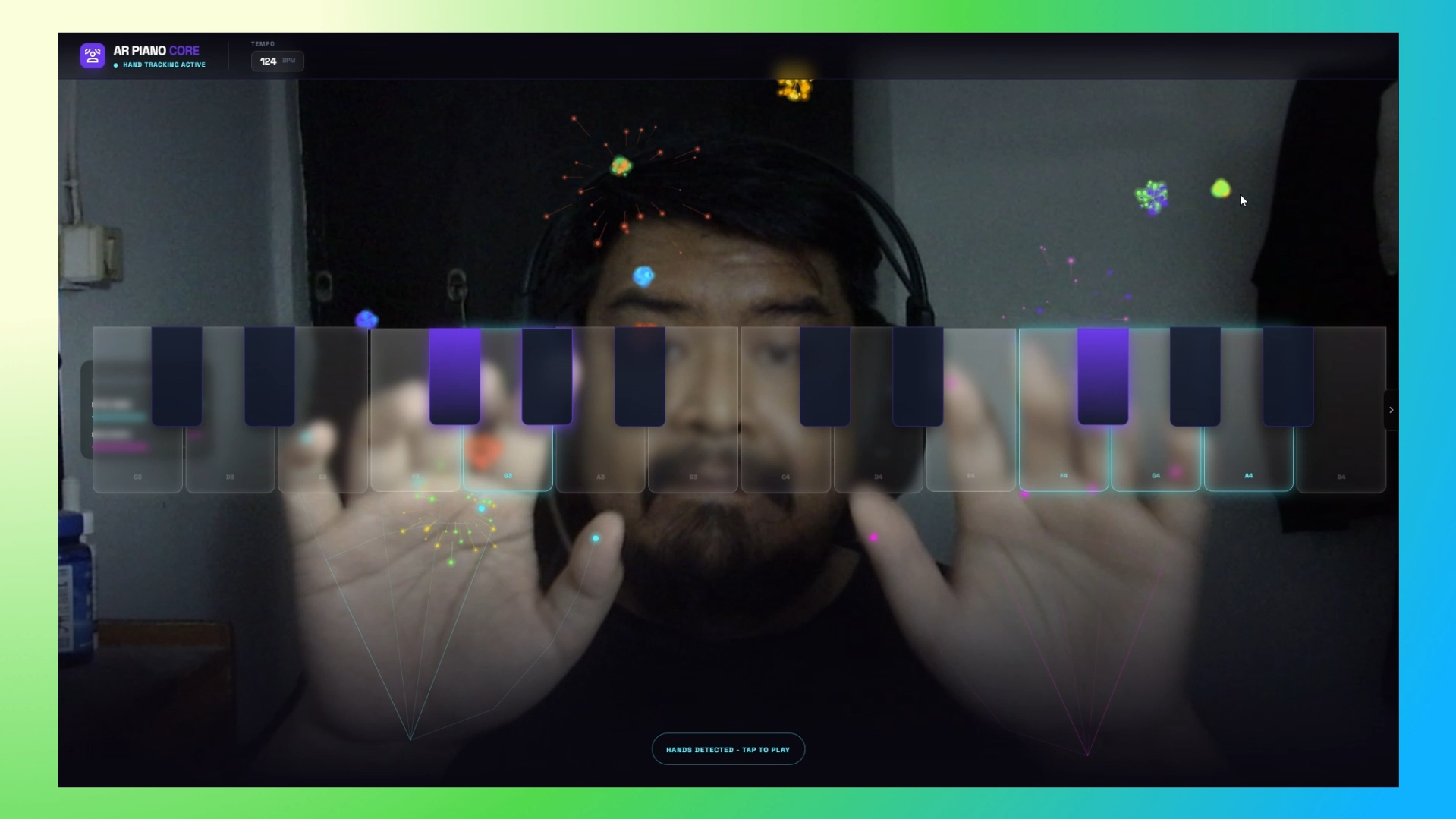AR Piano Core interface showing hand tracking and virtual keyboard