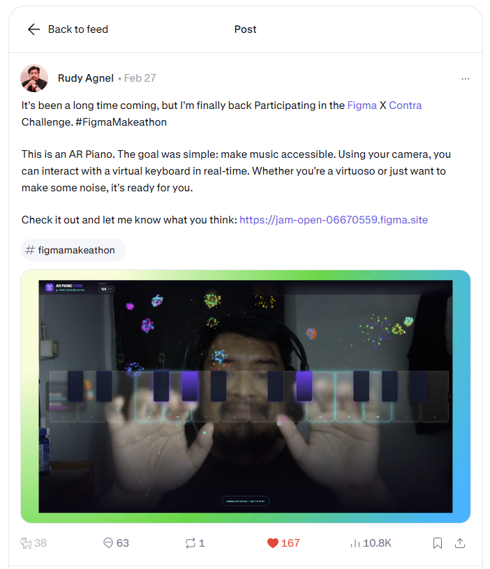 Figma community post about AR Piano project with engagement metrics