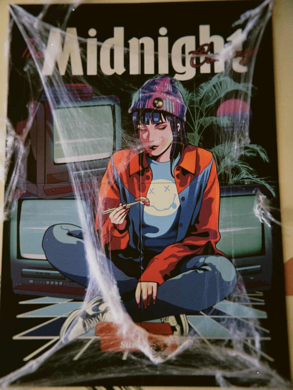 Retro anime illustration of person in beanie eating with chopsticks