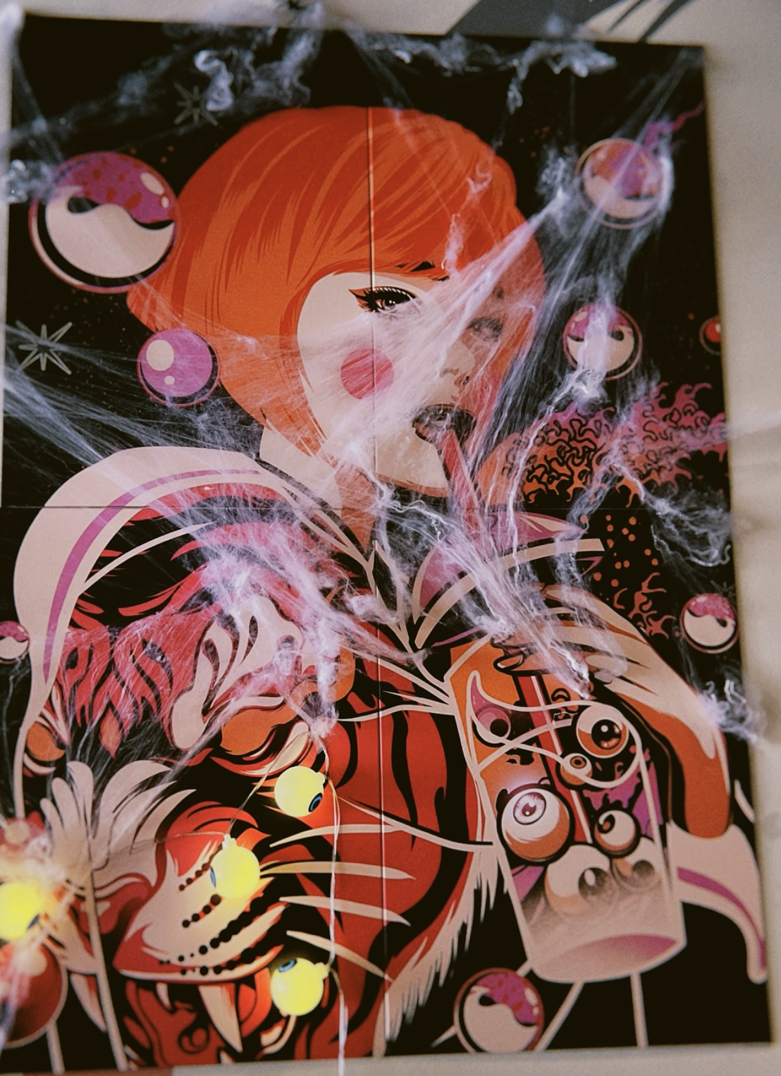 Retro anime illustration of woman with orange hair in tiger-striped outfit