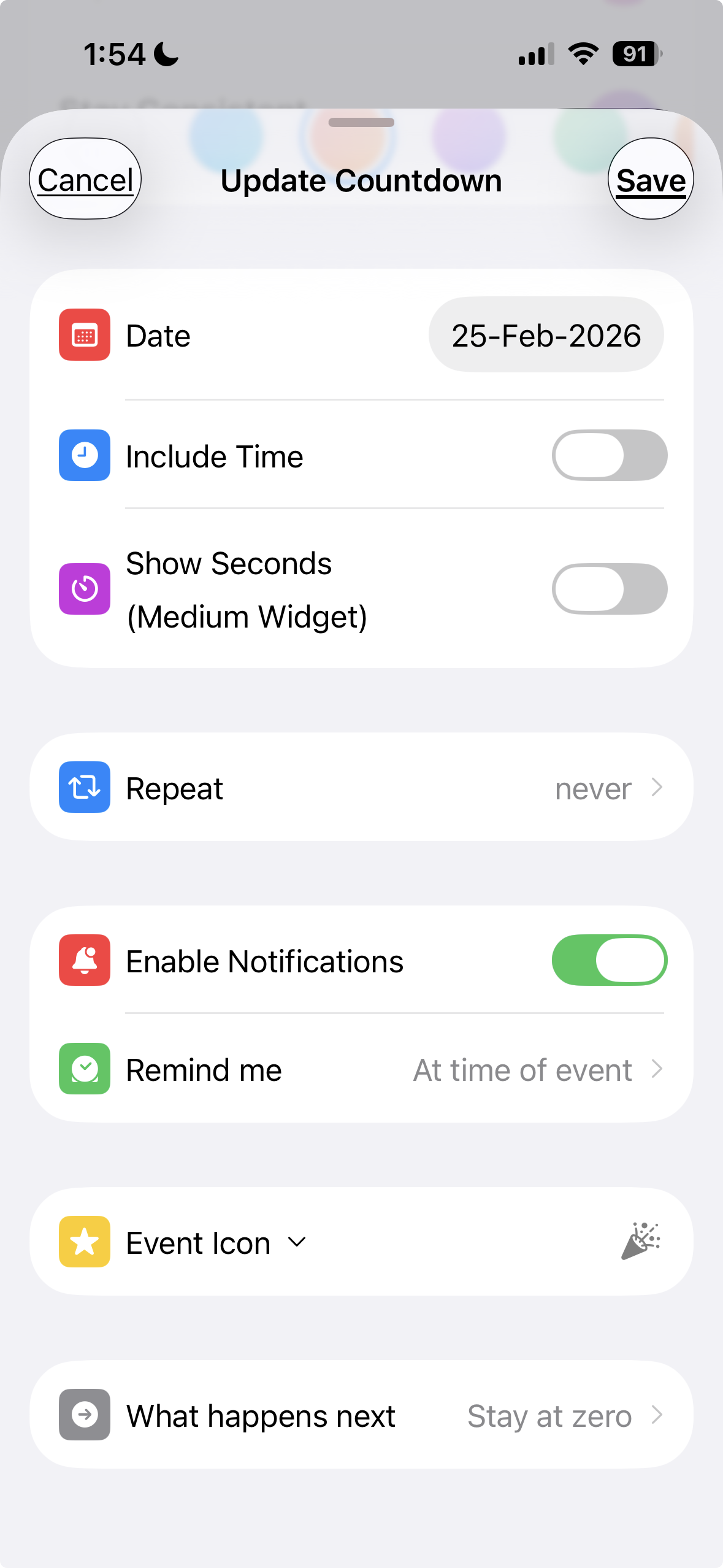 Countdown edit screen with rich options