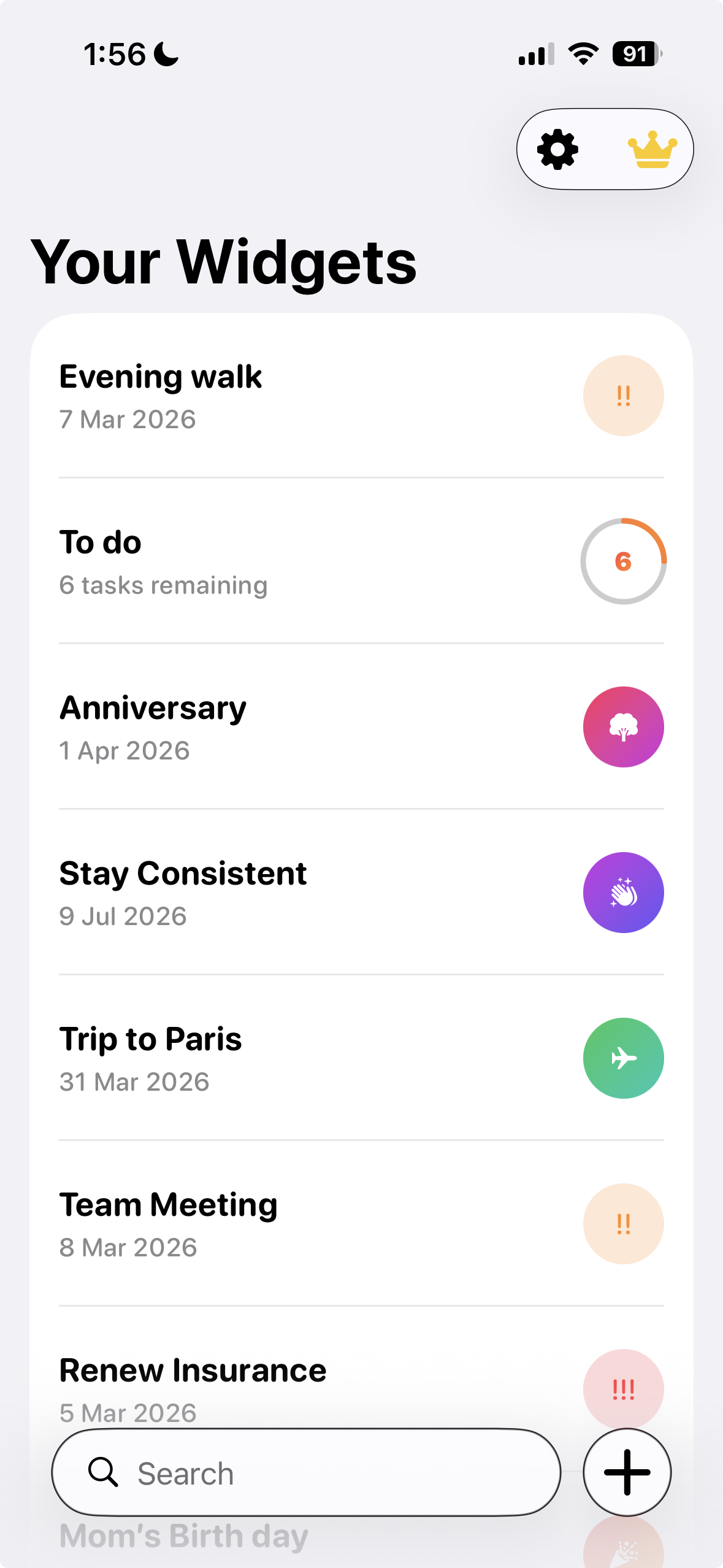 Glimpse app – Your Widgets screen