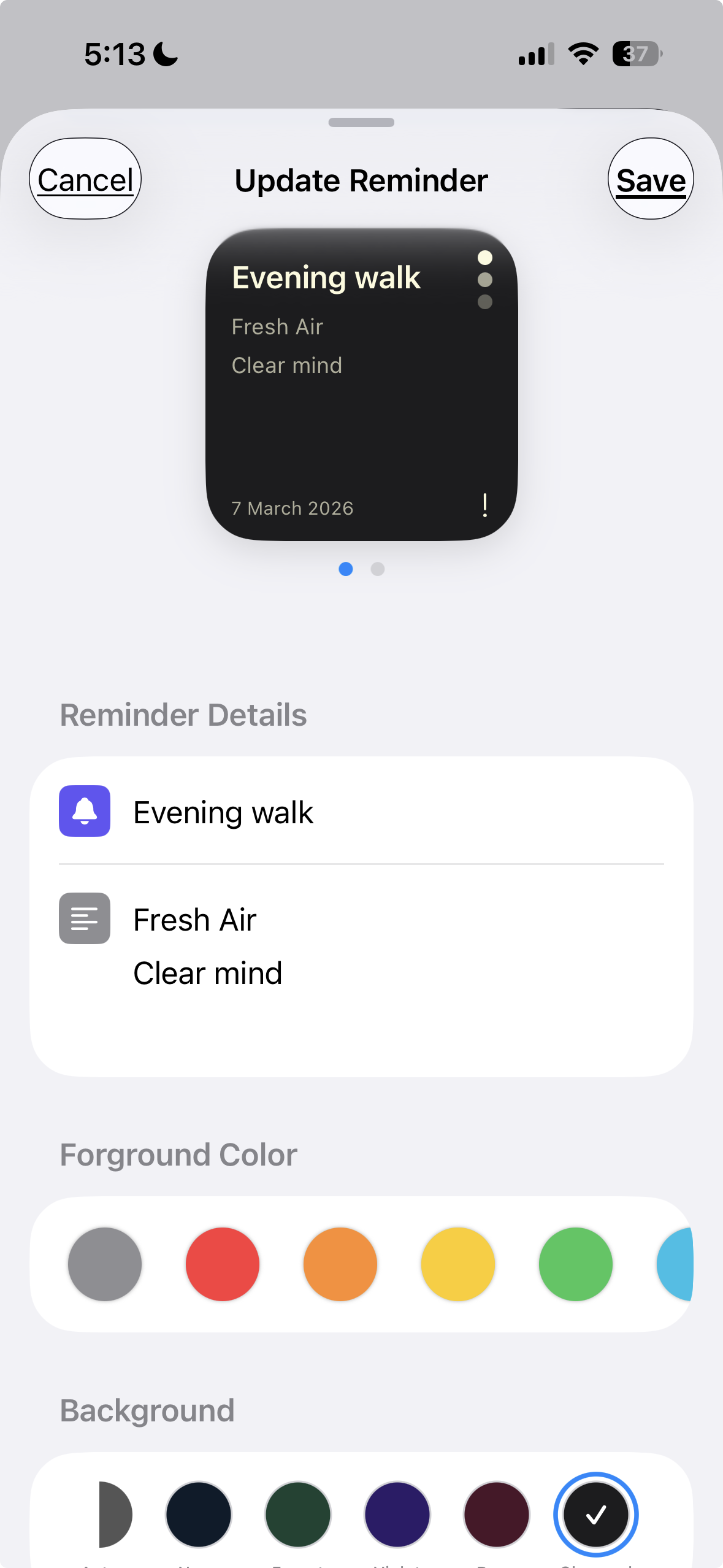 Reminder widget colour picker screen